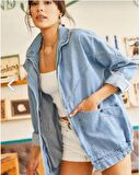 Kadın Mavi Cepli Mevsimlik Fermuarlu Çıtçıtlı Uzun Denim Ceket