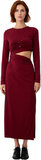 Kadın Fashion Forward Bordo Örme Maxi Elbise Bodycon Kesim Bel Detaylı Uzun Kollu Zarif Stil