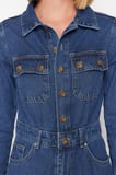 Kadın Moda Standart Kol Geniş Paça Ceket Yaka Düz Desen Regular Denim Tulum