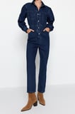 Kadın Moda Standart Kol Dar Paça Ceket Yaka Düz Desen Uzun Balon Kollu Denim Tulum