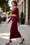 Kadın Fashion Forward Bordo Örme Maxi Elbise Bodycon Kesim Bel Detaylı Uzun Kollu Zarif Stil