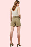 Kadın Pamuk Gabardin Straight Şort; Yüksek Bel Çift Cep Kısa Boy Günlük Kombinler Hafta Sonu