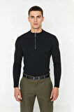 Erkekler İçin Fitted Kesim Fermuar Detaylı Dik Yaka Fitilli Pamuk Polyester Triko Kazak Casual Tarz