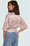 Çiçek Desenli Saten Bluz; Kadın Crop Düğmeli; 100% Polyester Dayanıklı Malzeme Şık Görünüm