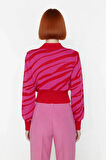 Kadınlara Özel Pembe Zebra Desenli Dik Yaka Uzun Kollu Crop Triko Kazak Kış Şıklığı İçin Kaliteli