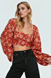 100% Viskoz Yazlık Crop Bluz Çok Çiçek Desenli Balon Kollu Fitted Özel Tasarım