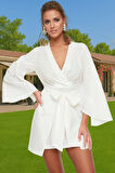 Kadın V Yaka Bağlamalı Pamuklu Mini Elbise Plaj Şıklığı Premium Kalite Kaliteli İşçilik