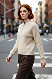Kadın Oversize Basic Dokulu Uzun Kollu Fermuarlı Dik Yaka Selanik Örgü Triko Kazak Kaliteli