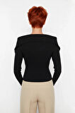 Kadın Şık Devrik Yaka Fitilli Triko Üst Fitted Kesim Uzun Kol Crop Model İlkbahar Sonbahar