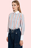 Kadın Çok Çizgili Uzun Kollu Düğmeli Gömlek Poplin Kumaş Regular Kalıp Yaz Aylarının Vazgeçilmezi