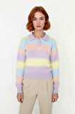 Kadın Pastel Tonlarda Renk Bloklu Polo Yaka Düşük Kol Uzun Kollu Akrilik Triko Kazak Şık ve Rahat