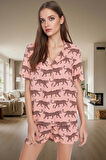 Rahat ve Şık Viskoz Pijama Takımı Animal Desenli Kısa Kollu Yazlık Modern Stil