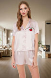 Yazlık Saten Pijama Takımı Kısa Kol Çilek Desenli Rahat Kalıp Uzun Ömürlü Yüksek Kalite