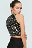 Crop Bluz Animal Baskı Halter Yaka Örme Polyester Rahat Günlük Uzun Ömürlü Mükemmel Uyum