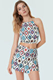 Yazlık Halter Yaka Çok Geometrik Desenli Bluz Etek Takım Rahat Kesim Özel Tasarım