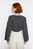 Kadın Gri %100 Akrilik Oversize Selanik Dokuma Bisiklet Yaka İspanyol Kol Crop Triko Kazak