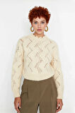 Kadın Ekru Ajurlu Dik Yaka Uzun Kollu Regular Kalıp Süper Crop Triko Kazak İlkbahar Sonbahar Şıklığı