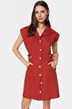 Dokuma Gabardin Mini Elbise Kisa Kol Düğmeli %Pamuk Yazlık Dayanıklı Malzeme