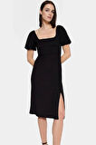 A Line Örme Midi Elbise Balon Kol Kare Yaka Renk Günlük Dayanıklı Malzeme Şık Görünüm