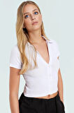 Fitted Crop Bluz Polo Yaka Kısa Kollu Pamuklu Yazlık Kaliteli İşçilik Şık Görünüm