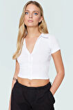 Fitted Crop Bluz Polo Yaka Kısa Kollu Pamuklu Yazlık Kaliteli İşçilik Şık Görünüm