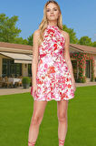 Kadın Yazlık Mini Elbise Saten Dokuma Çiçekli A Kesim Rahat Profesyonel Görünüm Rahat Kullanım