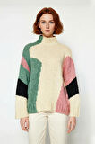 Kadın Şık Dik Yaka Oversize Renk Bloklu Düşük Kol Uzun Triko Kazak Kış Modasına Yeni Bir Soluk