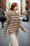 Kadınlara Özel Oversize Çizgili Triko Kazak Bisiklet Yaka Uzun Kollu Kış Stiline Modern Dokunuş