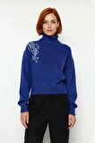 Kadın Lacivert Balıkçı Yaka Regular Kesim Taş İşlemeli Triko Kazak Soğuk Havaların Şık Seçimi