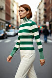 Kadın Balıkçı Yaka Triko Kazak Uzun Kollu Regular Kalıp Çizgili Basic Kış Kombinleri İçin İdeal