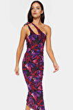 Çok Çiçek Desenli Maxi Elbise İnce Askılı Bodycon Örme Seçkin Malzeme Premium Kalite