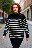 Kadın Siyah Çizgili Bisiklet Yaka Triko Kazak Gold Düğme Detaylı Şardon Akrilik Kışlık Şıklık