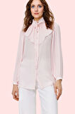 Kadın Uzun Kollu Şifon Gömlek Fırfırlı Detay Hakim Yaka Yazlık Günlük Kullanım Özel Günler