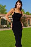 Askılı Bodycon Midi Elbise Simli Örme Polyester Karışımlı Özel Tasarım Seçkin Malzeme Premium Kalite