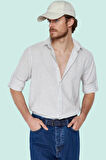 Erkek Casual Keten Karışımlı Çizgili Gömlek Regular Fit Yaka Uzun Kollu Yaz Aylarının Vazgeçilmezi