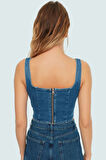 Pamuklu Denim Bluz Crop Kesim Kare Yaka Yazlık Kaliteli İşçilik Zarifane Tasarım