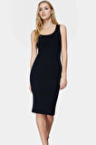 Esnek Örme Kalem Elbise Havuz Yaka Midi Boy Yazlık Şık Profesyonel Görünüm Konforlu Kesim