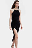 Esnek Maxi Elbise Halter Yaka Örme Kumaş Bodycon Midi Boy Rahat Ve Şık Mükemmel Uyum