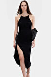 Esnek Maxi Elbise Halter Yaka Örme Kumaş Bodycon Midi Boy Rahat Ve Şık Mükemmel Uyum