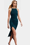 Esnek Maxi Elbise Halter Yaka Örme Kumaş Bodycon Midi Boy Rahat Ve Şık Mükemmel Uyum