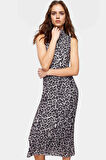 Yazlık Kolsuz Bodycon Kalem Elbise Dik Yaka Leopar Desenli Midi Boy Polyester Zarifane Tasarım