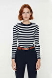 Kadın Çizgili Triko Fitted Uzun Kol Bisiklet Yaka Akrilik Basic Casual Günlük Kazak Kaliteli