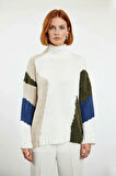 Kadın Şık Dik Yaka Oversize Renk Bloklu Düşük Kol Uzun Triko Kazak Kış Modasına Yeni Bir Soluk