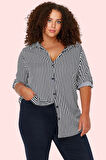 Kadın Uzun Kollu Çizgili Gömlek; Rahat Kalıp Dokuma Kumaş Günlük ve İş Hayatı İçin Hafta Sonu