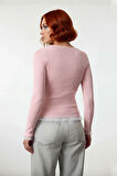 Kadın Zarif Fitted Triko Pembe Tül Detaylı Uzun Kollu Bisiklet Yaka Sonbahar Kazak Kaliteli