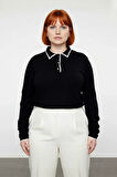 Kadın Siyah Düz Polo Yaka Triko Kazak Casual Tarz Regular Kalıp Kışlık Uzun Kollu Konforlu Seçim