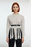 Kadın Akrilik Triko Saç Örgü Bisiklet Yaka Regular Kalıp Kesik Detaylı Uzun Kol Kazak Kış Şıklığı