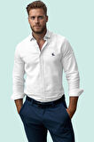 Erkek Smart Gömlek Nakış Detaylı Uzun Kollu Pamuklu Günlük ve İş İçin Yaz Aylarının Vazgeçilmezi