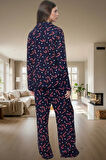 Rahat Viskoz Pijama Takımı; Yılbaşı Desenli Düğmeli Geniş Paça Shally Dokuma Konforlu Kesim