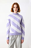 Kadın Mor Çizgili Relaxed Fit Triko Kazak Soğuk Kış Günleri İçin Bisiklet Yaka Şık Ve Konforlu